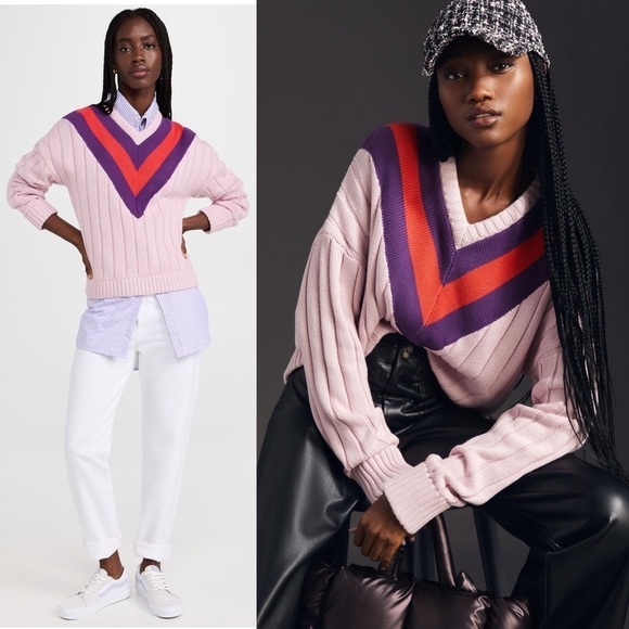 KULE Cotton Cashmere Rib Knit Striped V-Neck Pullover Varsity Tennis Sweater XS - Picture 2 of 12